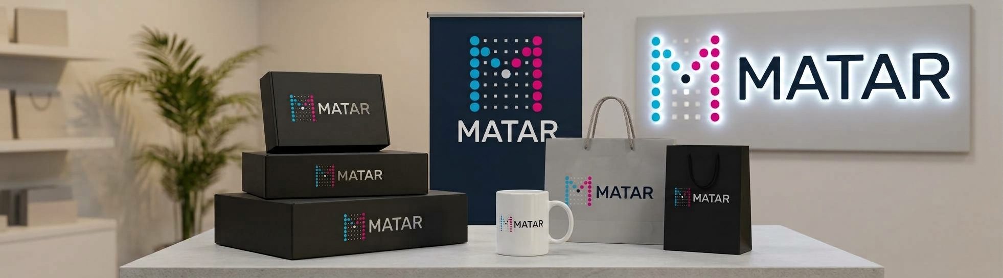 منتجات مطبوعة بشعار مطر: بوكسات وأكياس وكوب وبنر ولوحة مضيئة / Products printed with the Matar logo