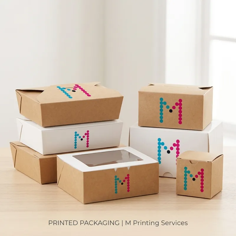 Food, dessert and gift boxes printed with your logo.